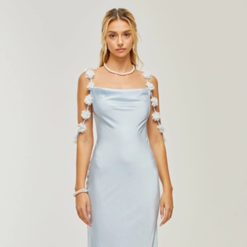 Caroline Constas Blue Satin Flower Maxi Slip Dress 3D Flower Off Shoulder